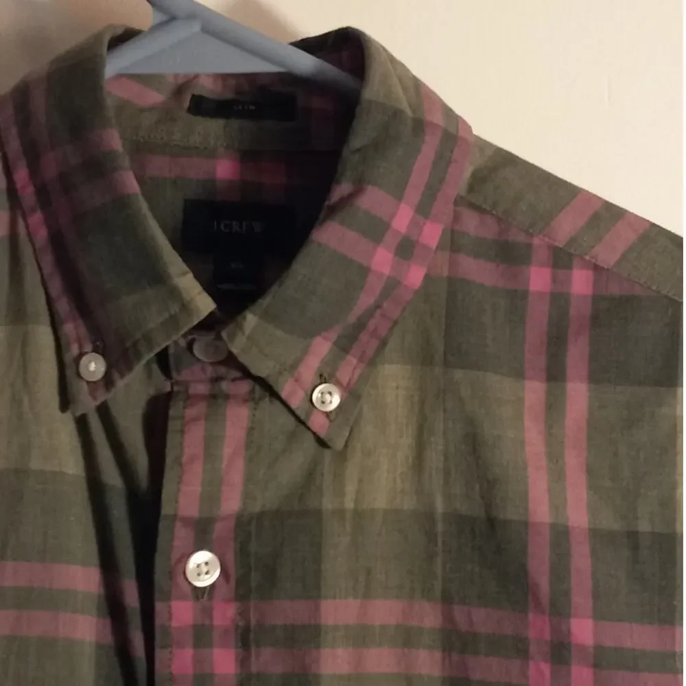 J Crew Slim Fit Olive Green Pink Plaid Button Down Shirt Preppy Heritage XS